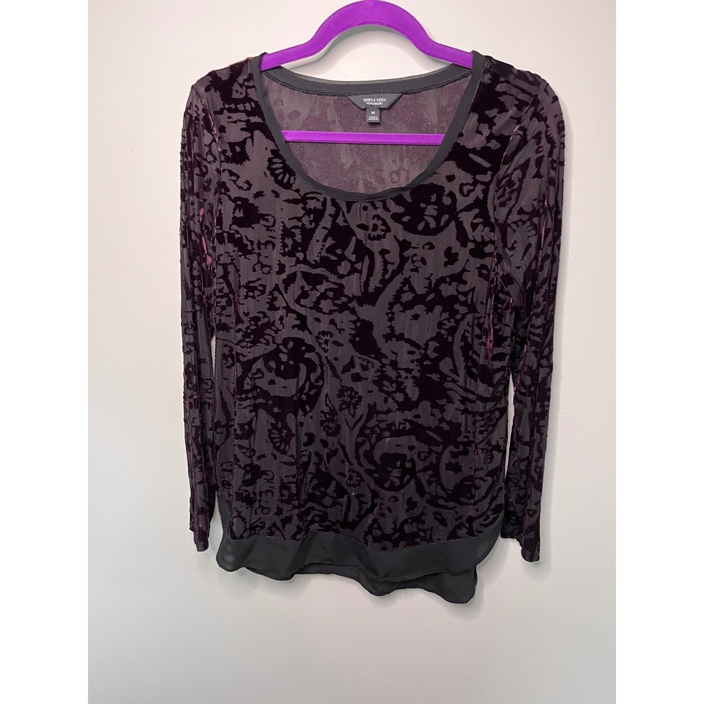 Simply Vera Vera Wang Purple Black Burnout Velvet Chiffon Hem Blouse Top Medium